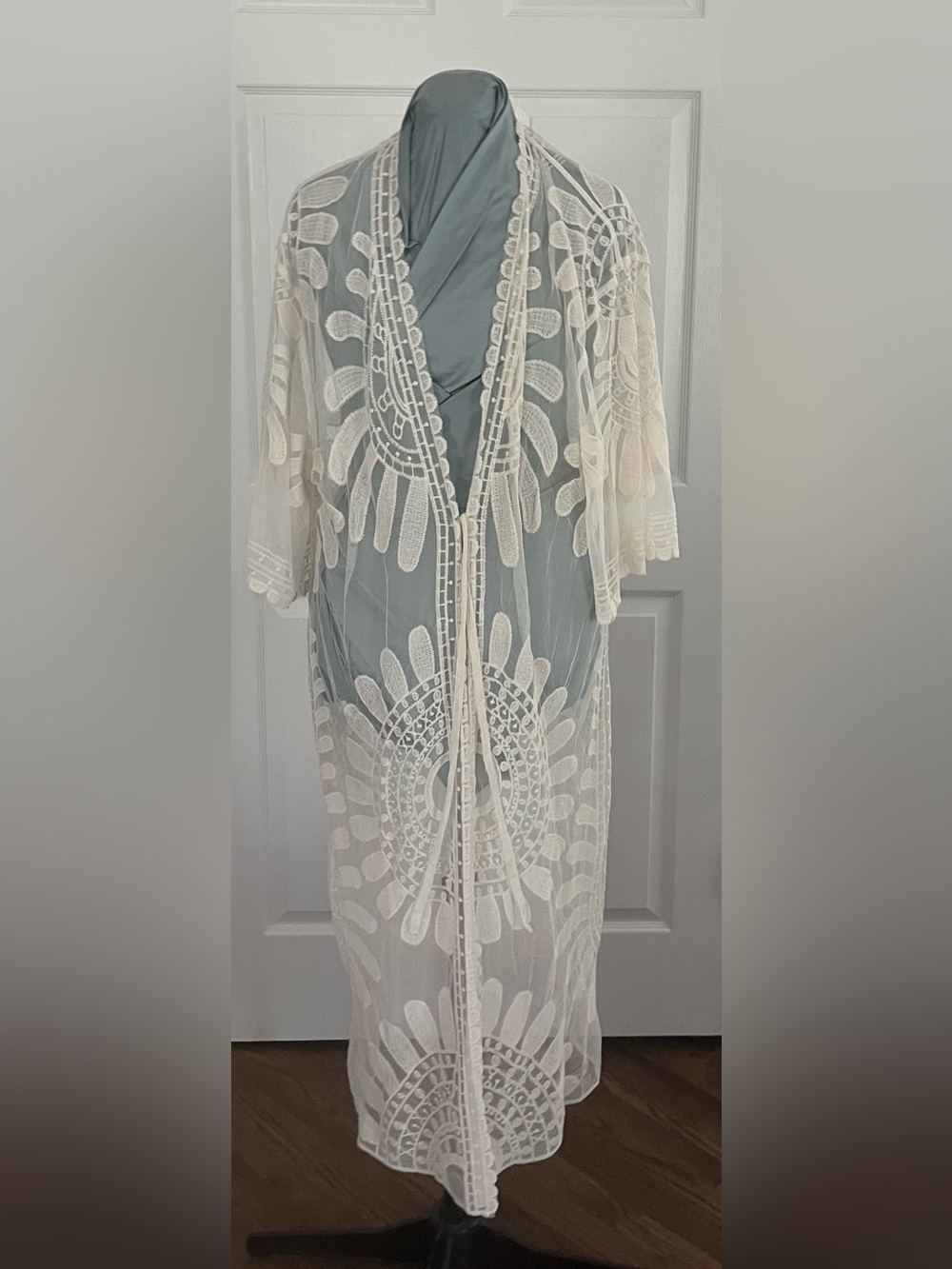 Artesia Sheer Embroidered Ivory Duster Kimono